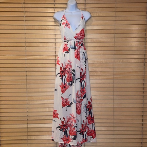 Simplee Floral Print Backless Wrap Slit Slip Dress - Picture 7 of 13